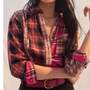 Anthropologie Pilcro Mixed Patchwork Flannel Buttondown in Pink Size Medium